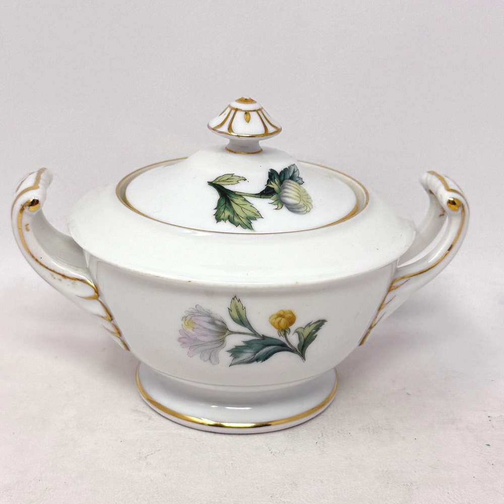 Sango Japan Chrysanthemum Lidded Sugar Bowl Gold Trim Floral Porcelain Vintage